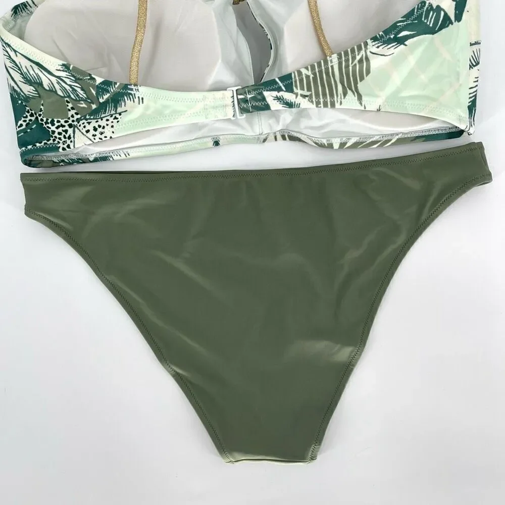 Aerie Keyhole Bandeau Top Cheeky Bottom Swimsuit Set Green Tropical‎ Print XXL